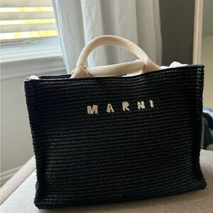 Marni Black Woven Tote with Cream Handles